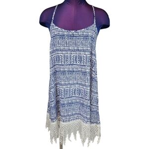 En Creme White & Blue Boho Swim Cover-Up Lace Trim Size Small Women's